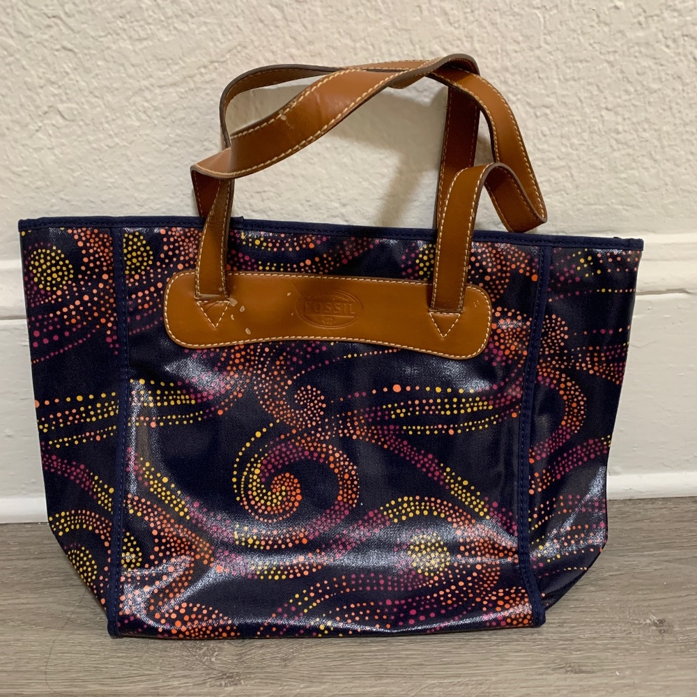 Women Fossil KeyPer Shopper Tote Bag Purse Coated PVC in Blue Night